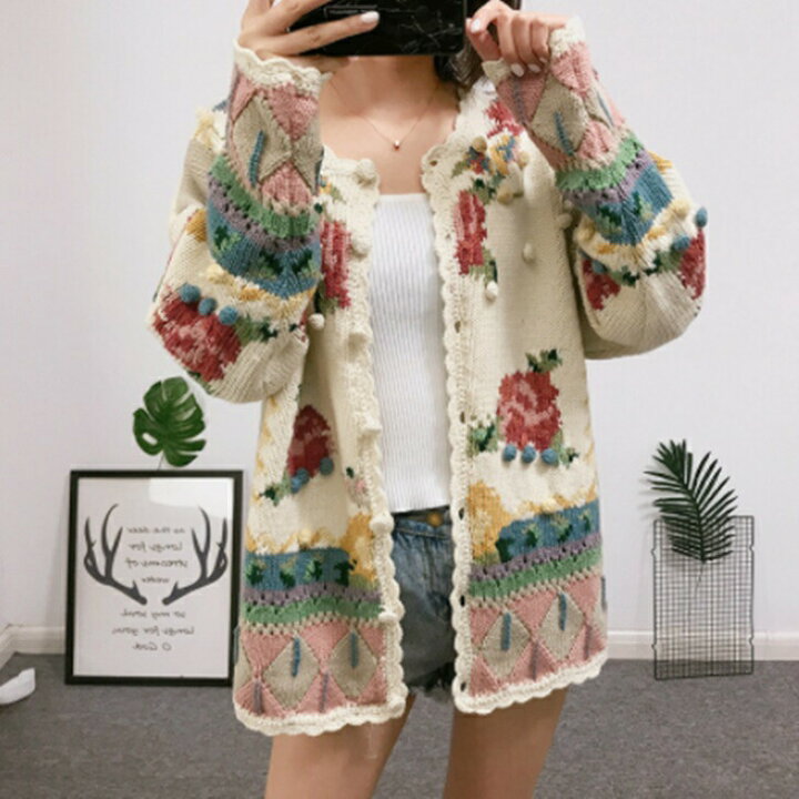 楽天市場】バラ刺繍ハンドメイド風ウールカーディガンセーター 綺麗 