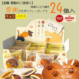 退職 挨拶 お菓子 ギフト 個包装 24個【メッセージカード付】感謝のどら焼き チョコ バナナ 各12個づつ 和菓子 スイーツ 大量注文 感謝 ありがとう 異動 お礼 進物 贈答 プレゼント ご挨拶 常温 お世話になりました 猫 ネコ 焼印 もぐもぐ