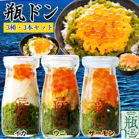 【 お中元 熨斗シール 選択可 】 川秀 瓶ドン ウニ サーモン イカ 90g3本 セット 海鮮丼 丼の具 丼のもと 海鮮丼の具 海鮮丼セット お中元魚介類 ビン丼 海産物 詰め合わせ 贈り物 ギフト お取り寄せ 瓶丼 イクラ メカブ 海鮮 手軽 三陸 岩手県 宮古市 お土産