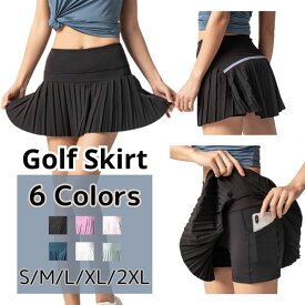 ゴルフスカート レディース ミニスカート インナーパンツ付き 一体型 両サイドポケット付き スポーツスカート キュロット ゴルフウェア ボウリング テニスウェア スコート プリーツ ジム ホットヨガ 筋トレ フィットネス ストレッチ 伸縮 マラソン