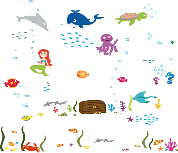 楽天市場 ポイント５倍 ウォールステッカー 子供 海の世界 かわいい 人魚 マーメイド 人魚姫 くじら 鯨 クジラ たこ タコ 蛸 カレイ 鰈 カニ 蟹 かに 亀 カメ かめ 魚 宝箱 フィッシュ マリン シー 珊瑚 サンゴ タツノオトシゴ 鮫 サメ