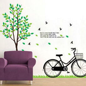 ウォールステッカー 木と自転車 二枚組 大きいサイズ 2枚セット リビング 壁紙 シール 賃貸OK はがせる 剥がせる DIY 模様替え インテリア グリーン 癒し 葉っぱ バイク シンプル ツリー 緑 送料無料