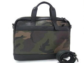 COACH コーチ ビジネスバッグ 2WAY ブリーフケース F59896 カーキ系×ブラック系 レザー メンズ 迷彩柄 カモフラ ショルダーバッグ シルバー金具 美品【本物保証】【中古】