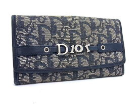 ChristianDior クリスチャンディオール 財布 トロッター - ネイビー系 キャンバス×レザー レディース ロゴ Wホック 二つ折り 長財布 シルバー金具【本物保証】【中古】