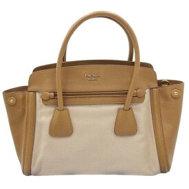 PRADA プラダ ハンドバッグ BN2595 ベージュ ブラウン系 レザー×キャンバス レディース 2WAY ショルダーバッグ 美品【本物保証】【中古】
