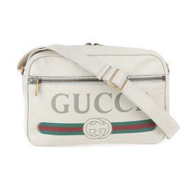 美品 GUCCI グッチ ロゴプリント ショルダーバッグ 523589 レザー アイボリー【本物保証】【中古】