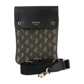 超美品 JIMMY CHOO ジミーチュウ KIMI メッセンジャー ショルダーバッグ - キャンバス レザー ブラック ゴールド ポシェット ポーチ サコッシュ【本物保証】【中古】