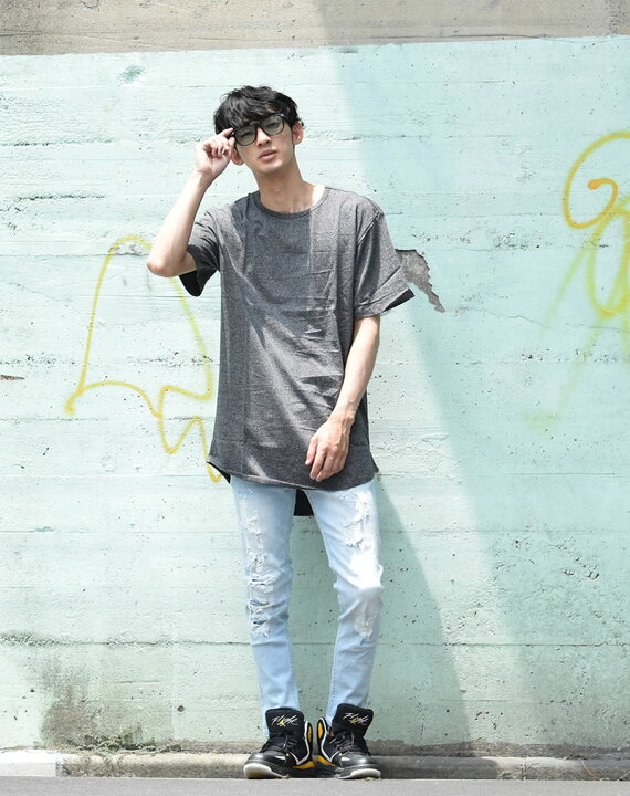 楽天市場 Tシャツ メンズ 半袖 無地 ラウンドカット ロング丈 Uネック インナー 春 夏 裾長 ストリート系 B系 ファッション ヒップホップ おうちコーデ ストリートファッション Third