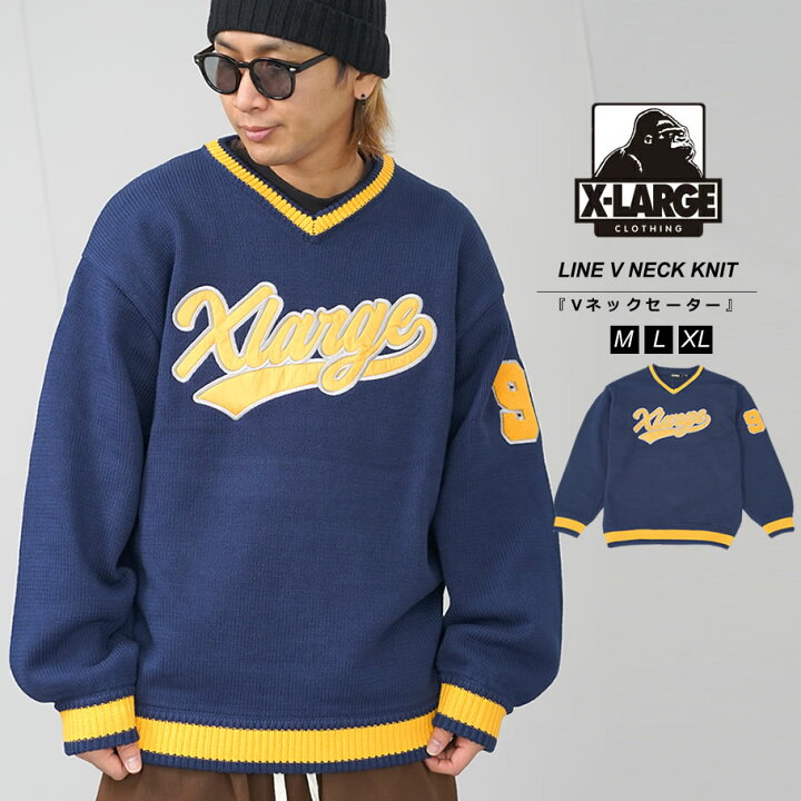 XLARGE エクストララージ ニット セーター メンズ Vネック ストリート スケーター ファッション ネイビー 101223015003 ストリートファッション Third