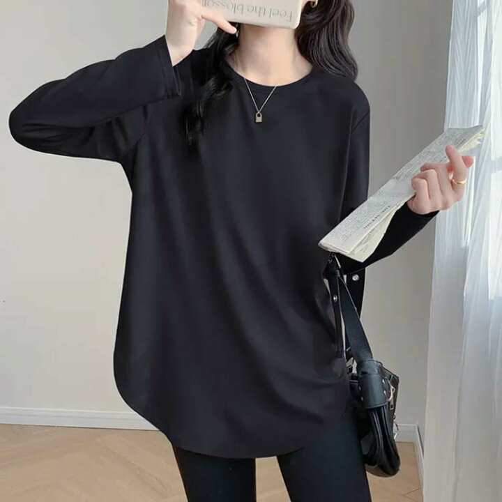 楽天市場】長袖 tシャツ カットソー クルーネック チュニック丈 ロンt 
