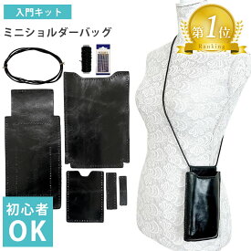 在庫処分セール！ 【 楽天1位受賞 】レザークラフト ミニショルダーバッグ おためし入門 キット 牛本革 カット 穴あけ 済み 針 糸 付属 SW1951 ブラック
