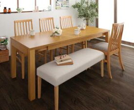 Costa コスタ 3段階伸縮ダイニングテーブル 6点セット (テーブル 幅145-175-205+チェア4脚+ベンチ1脚) 天然木 木製 天板拡張 角型 6人用