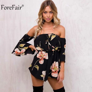 ForeFair Summer Floral Print Elastic Waist Chiffon Jumpsuit ���� Autumn Flare Sleeve Sexy