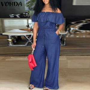 VONDA Denim Rompers ����s Jumpsuit 2018 Summer Sexy Slash Neck Off Shoulder Ruffles Plays