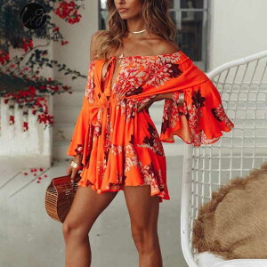 Lily Rosie Girl Off Shoulder Flare �X���[�u �� Playsuit Print Floral Boho Beach Playsuit