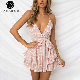 Lily Rosie Girl V Neck Sexy Female Playsuit Plaid Boho Floral Playsuit Shorts Jumpsuit Rom