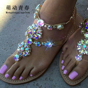 ���� Sandals ���� �V���[�Y Rhinestones Chains Thong Gladiator Flat Sandals Crystal Cha