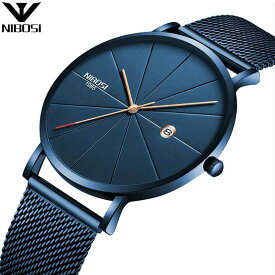 NIBOSI Luxury 時計 Blue ステンレス Steel Ultra Thin 時計 Classic クオーツ Date