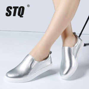 STQ 2019 �W�[���Y ���� Leather Loafers Fashion ballet flats sliver white Shoes ���� Slip