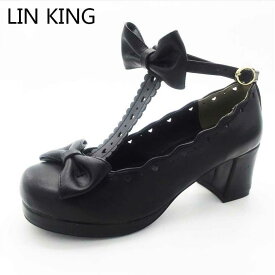 LIN KING Lolita Shoes Pink Cosplay Bowtie Ankle Straps Low Top Square Heels Pumps Solid