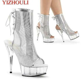 レディースシューズ ヒール 15センチ ファッション ステージシューズ 靴 透明 ウォーターテーブル ショートブーツ クール シルバー