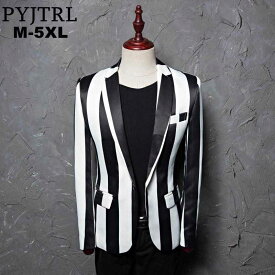 PYJTRL ブランド M-2XL メンズジャケット ブラック＆ホワイト ストライプ ブレザー ファッション カジュアル