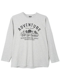 大きいサイズ メンズ カジュアルインナー カット長袖クルーネック プリントロングTシャツ（アウトドア） M．グレー 6L 3L 4L 5L ポリエステル 綿 大きいサイズ のお店 フォーエル【カジュアル】プチプラ長袖 Tシャツ プリントTシャツ ロンT