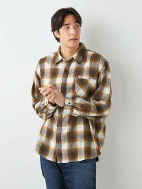 メンズカジュアルインナー シャツ長袖レギュラー WW チェック柄チェーン刺繍シャツ ブラウン 3L 4L 5L 6L ポリエステル 綿 ポリウレタン 秋 大きいサイズの店 フォーエル