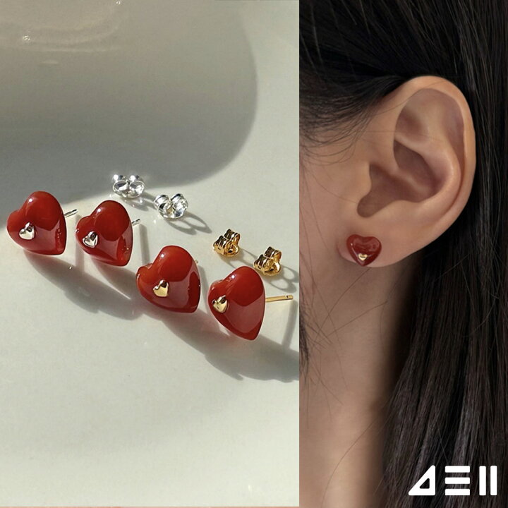 楽天市場】[925 Silver]レッド ハート ストーン ピアス (2Color) 両耳 