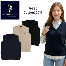 Western POLO ウエスタン ポロ ワンポイント 無地 ベスト コットン100％ 重ね着 春夏秋 通勤 通学 ニット polo122