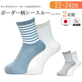 【ボーダー柄シースルーソックス 2足組】送料無料 日本製 レディース 春 夏 涼感 シースルー 靴下 シルク混 レーヨン混 通気性 高品質 おしゃれ 可愛い 上品 カジュアル 透け感 ドット柄 ソックス ペールグレー×アイボリー／ブルー×アイボリー 約15cm丈 22-24cm