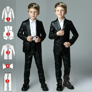 キッズスーツ 5点セット タキシードスーツ PUレザー 入学式 スーツ 子供 スーツ 男の子 フォーマル フォーマルスーツ 4点セット 子供スーツ 蝶ネクタイ シャツ スーツセット 子供服 礼服 児童