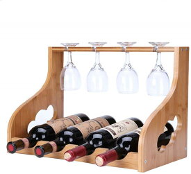 木製 ワインラック ワイングラスラック 付き ワインボトル グラスホルダー シャンパン ボトル スタンド インテリア アンティーク調 W67 (ブラウン)