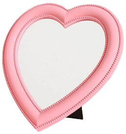 卓上 スタンド ミラー 鏡 ハート 型 デザイン おしゃれ かわいい インテリア 壁 掛け 女の子 化粧 メイク アップ コンパクト プレゼント (ピンク)