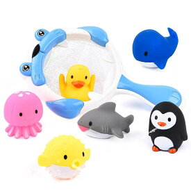 お風呂 おもちゃ 水遊びおもちゃ赤ちゃん 子供 シャワー かわいい 動物すくい 噴水 お風呂 魚網 アヒル クジラ ペンギン 7個セット (ブルー)