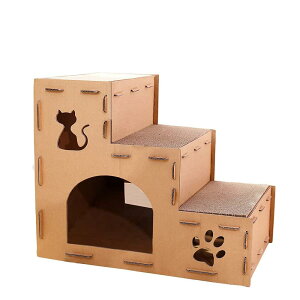 猫つめとぎ 爪とぎ猫ハウス キャットタワー ダンボールハウス 組み立て式 爪とぎ兼ベッド キャットハウス3段式 高さ52横63奥行40