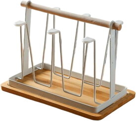 グラススタンド コップホルダー 6個掛け ガラスホルダー 木製ハンドル付 北欧風 おしゃれでスリム キッチン収納 ガラス乾燥 水切りラッ