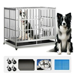 犬 ケージ 小型犬 中型犬 大型犬 ステンレス鋼製 犬ゲージ 頑丈な犬用ケージ 犬小屋 折り畳み式 ダブルドア/トレー/マット/給餌器/キャスター付き 耐荷重250KG ペットケージ ペットかご 犬用