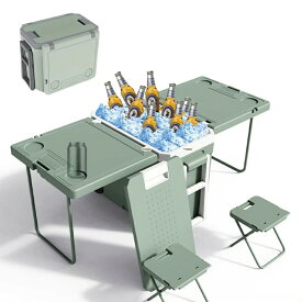 クーラーボックス 大型 32L 折りたたみ テーブル＋椅子2脚 48時間保冷 3時間保温 多機能 ポータブル 食品グレード 冷蔵庫 ハンドル/キャスター付き 氷/フルーツ/ビール/飲料/冷蔵、車/屋外/キャンプ/ピクニック/釣り