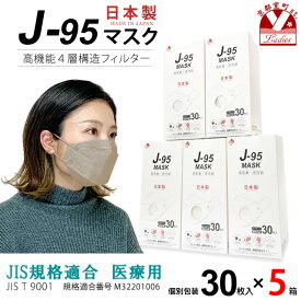 【まとめ買い5個組】マスク 不織布 3d 立体 日本製 j95 正規品 国産 JIS規格適合 医療用レベルクラス3 サージカルマスク 4層 30枚入×5箱(150枚)「ベージュ」j95-mask-st-BG5