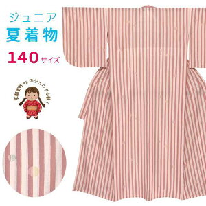 ジュニア 女の子 洗える着物 小紋 紗 子供着物 140サイズ「ピンク系、縞に水玉」 襦袢付き JRKM14-499 購入 販売