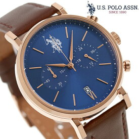 ユーエスポロアッスン ロゴ クオーツ 腕時計 ブランド メンズ クロノグラフ 革ベルト U.S. POLO ASSN. US-15BLBR アナログ ブルー ブラウン プレゼント ギフト