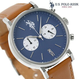 ユーエスポロアッスン ロゴ クオーツ 腕時計 ブランド メンズ クロノグラフ 革ベルト U.S. POLO ASSN. US-15SBBR アナログ ブルー キャメル プレゼント ギフト