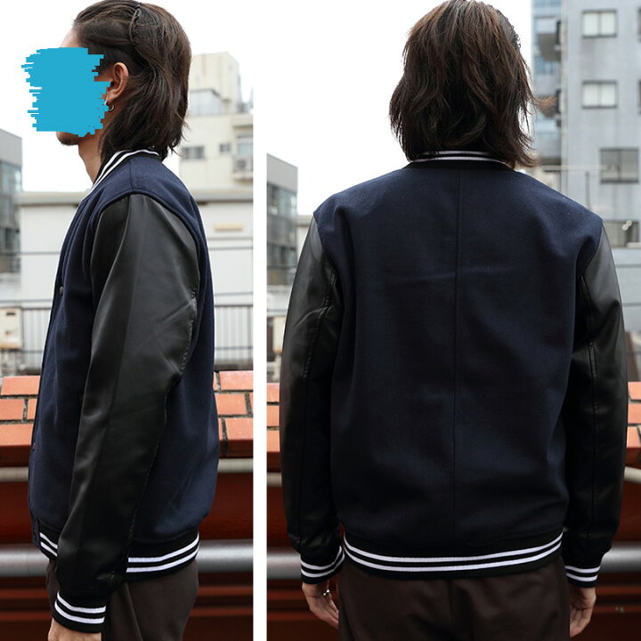 楽天市場 メルトンスタジャン メンズ スタジアムジャンパー 送料無料 全4色 新作 スタジャン ジャケット ブルゾン 袖切替 Puレザー ブラック 黒 ミッドグレー ネイビー グレンチェックストリート アメカジ に大人気 ８ Eight エイト ８ 8 Eight