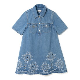 [3,000円クーポン対象&ポイント5倍 11日まで] GANNI ガニー Broderie Anglaise Denim Mini Dress J1694 Light Blue Stone ブルー レディース ミニワンピース デニム刺繍 英国刺繍 ボ