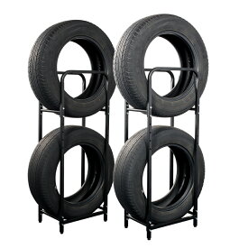 カバー付き スチール製 タイヤラック 2台セット（4本、8本収納） タイヤスタンド タイヤ 収納 スリム 保管 タイヤ置き 棚 組立簡単 ブラック 屋外 縦置き