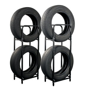 カバー付き スチール製 タイヤラック 2台セット(4本、8本収納) タイヤスタンド タイヤ 収納 スリム 保管 タイヤ置き 棚 組立簡単 ブラック 屋外 縦置き