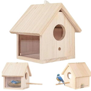Alpha Depot バードハウス 巣箱 観察窓付き屋外用鳥小屋 無垢天然木製 小型野鳥用 巣作り・子育て・巣立ち観察