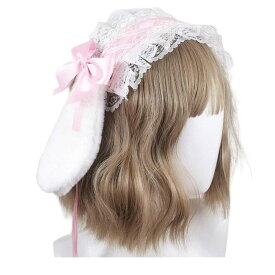 ヘッドドレス カチューシャ 髪飾り レディース コスプレ リボン コスプレ うさ耳 メイド服 うさぎ 耳 レース (ピンク)