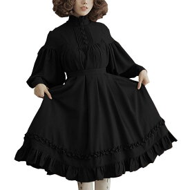 [ALL DAY Shining] ロリータ ブラック ワンピース フリル ドレス 長袖 バルーン袖 病みかわ ゴスロリ 黒 メイド服 コスプレ イベント パーティー レディース